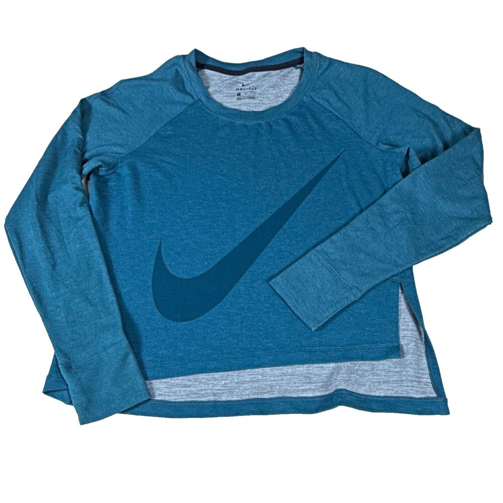 Nike Womens Dri-Fit Big Swoosh Teal Blue Asymmetrical High Low Long Sleeve Shirt